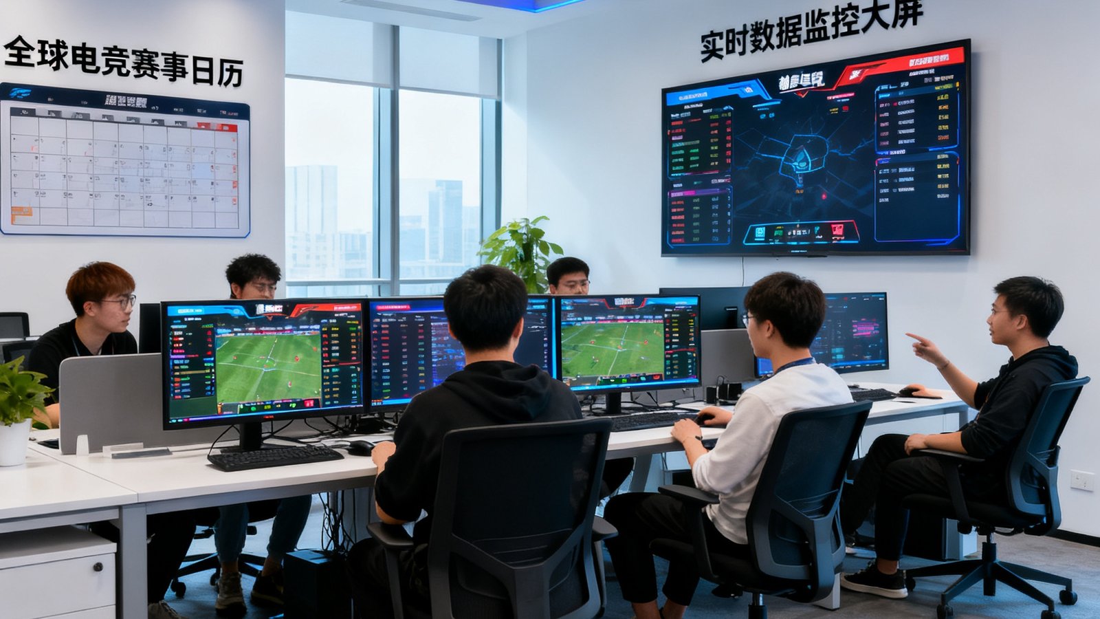 极速电竞上海总部开放式办公区内，数据分析师们围坐在多块显示赛事数据的屏幕前讨论，墙上挂着全球电竞赛事日历和实时数据监控大屏