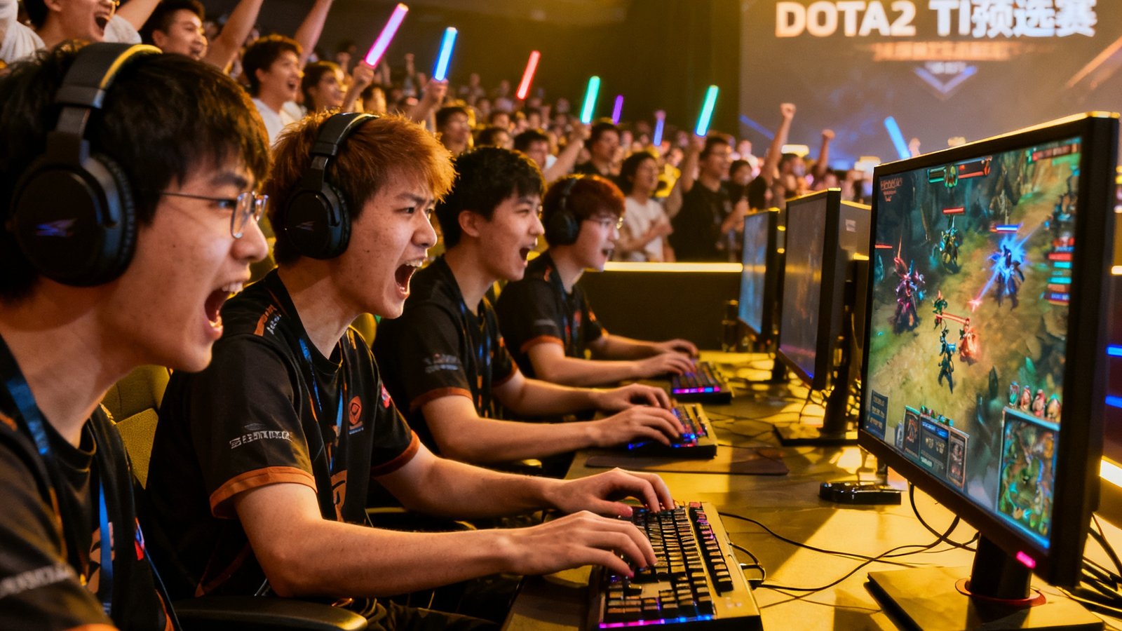 DOTA2 TI预选赛精彩团战瞬间，五名选手在屏幕前紧张操作，观众席爆发出热烈欢呼